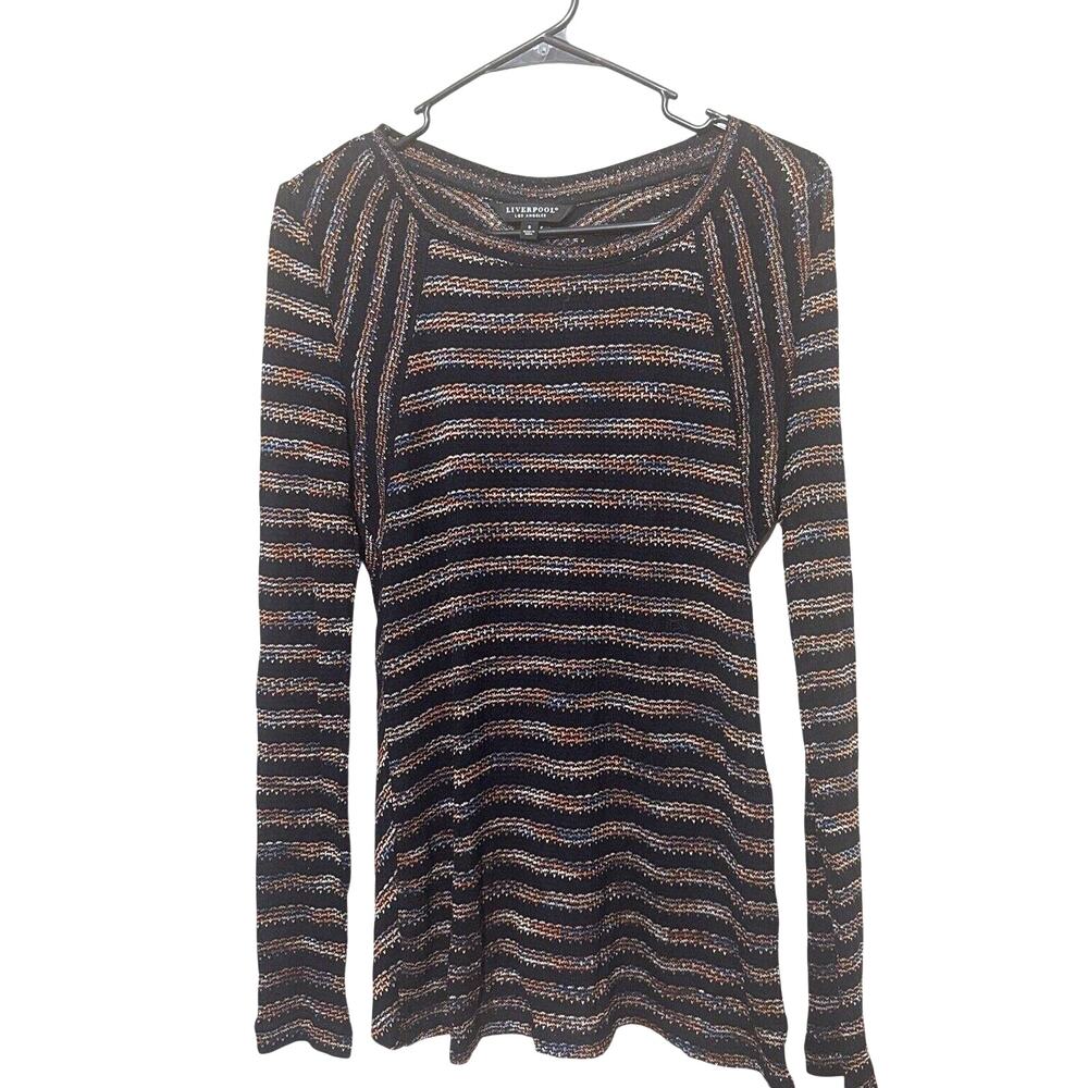 Liverpool Women’s Sweater Long Tunic striped sz S Long Sleeve Navy Blue Brown